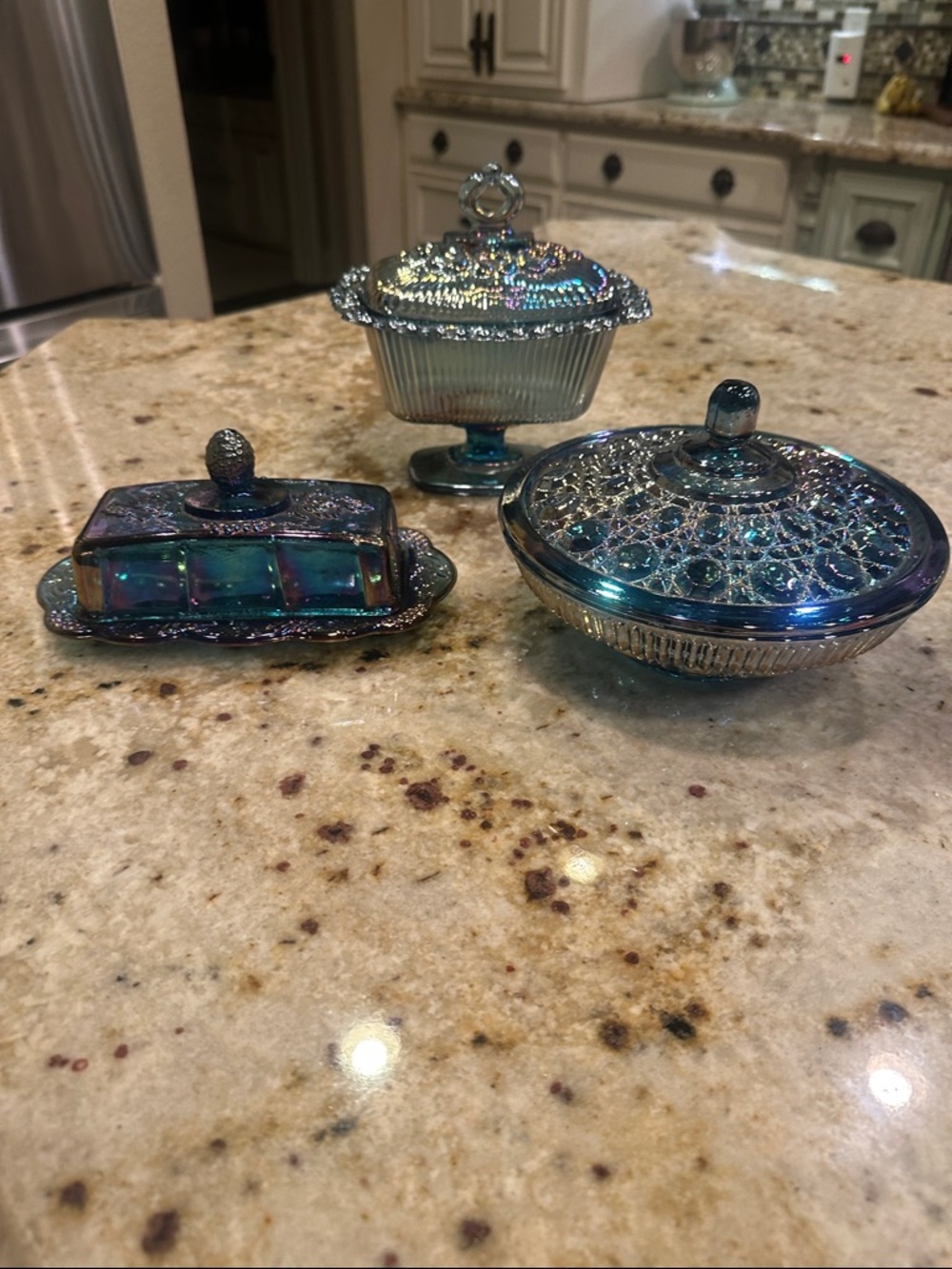 Iridescent Blue Carnival Glass Covered Serving Dishes - Set of 3